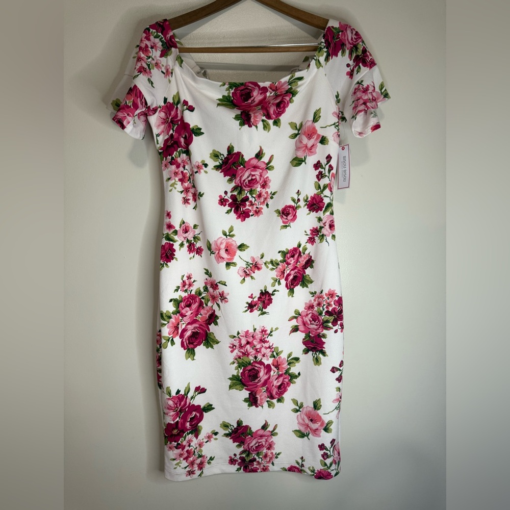 Bisou Bisou NWT white withFloral Print fitted off shoulder Dress size 14